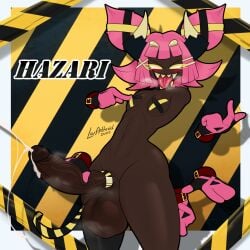 2026 2_horns anthro arachnid arthropod balls big_balls big_penis biped black_text blush bodily_fluids breasts breath brown_body cum english_text eyebrows eyelashes fingers floating_hands genital_fluids genitals glans gynomorph hair hand_on_penis hazard_stripes hazari_(latiar) hi_res horn huge_balls huge_penis humanoid_genitalia humanoid_penis intersex kirby_(series) latiar looking_at_another motion_lines name_drop nintendo nude open_mouth open_smile penis pink_hair shadow sharp_teeth signature smile solo standing teeth text tongue tongue_out vein veiny_penis