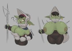 big_breasts bombcat female female_only goblin goblin_female green_skin helmet knight knight_armor shortstack weapon