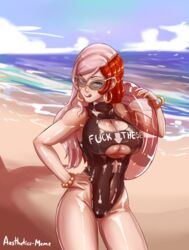 1girls abs absurdres aestheticc-meme beach big_breasts breasts cleavage cleavage_cutout clothes_writing female female_only fuck-me_shirt highres inviting large_breasts looking_at_viewer neo_(rwby) one-piece_swimsuit outdoors pink_hair red_hair rwby smile solo swimsuit text underboob watermark