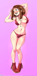 1girls abs areolae armpits arms_up belly bikini blush bra breasts breasts_out brown_eyes brown_hair cris1zcor3 female human looking_away my_hero_academia navel necklace nipples ochako_uraraka open_bra panties pin-up pink_background shoes short_hair standing teeth text thigh_gap tongue underwear url watermark whentai wide_hips