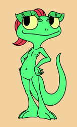 anthro chameleon dreamworks female hair hands_on_hips lizard lizzie lizzie_green navel nipples nude pussy red_hair reptile scalie solo standing unknown_artist young