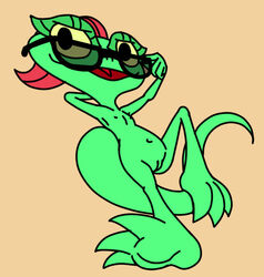 anthro chameleon dreamworks eyewear female glasses hair lizard lizzie lizzie_green looking_at_viewer lying navel nipples nude on_back open_mouth pussy red_hair reptile scalie solo tongue unknown_artist young