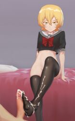 1boy 1girls angry bed black_legwear blonde_hair blush bottomless breasts cum cum_on_body cum_on_feet cum_on_leg cum_on_lower_body cum_on_stockings feet female footjob footjob_with_legwear grey_background groin highres mahou_shoujo_site penis school_uniform short_hair simple_background small_breasts stockings straight thighhighs viroa yatsumura_tsuyuno yellow_eyes