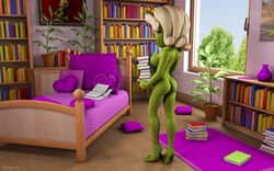 1girls 3d alien alien_girl alternate_version_available artist_name back_view bare_shoulders barefoot beauty_mark bed big_breasts bikini bikini_bottom book busty butt_crack curvy day detailed_background erect_nipple erect_nipples eyelashes female female_only glasses green_skin holding_object hourglass_figure humanoid indoors inside kondaspeter lipstick looking_at_viewer makeup marilyn_(planet_51) mole naked nude pillow planet_51 pose posing red_lipstick room shadow shiny shiny_skin sideboob solo standing swimsuit thick_lips tree voluptuous white_hair wide_hips