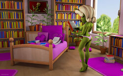 1girls 3d alien alien_girl artist_name back_view bare_shoulders barefoot beauty_mark bed big_breasts bikini bikini_bottom book busty curvy day detailed_background erect_nipple erect_nipples eyelashes female female_only glasses green_skin half-dressed half_dressed holding_object hourglass_figure humanoid indoors inside kondaspeter lipstick looking_at_viewer makeup marilyn_(planet_51) mole no_bra pillow planet_51 pose posing red_lipstick room shadow shiny shiny_skin sideboob solo standing swimsuit thick_lips topless tree voluptuous white_hair wide_hips