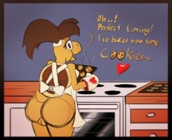 1girls apron ass baked_goods baking big_butt brown_eyes brown_hair candy chocolate clothed clothing cookie cookie_koopa cooking dialogue english_text fan_character female female_only food forbiddenknights2 hair happy heart hi_res indoors kitchen koopa koopa_troopa long_hair looking_at_viewer looking_back mario_(series) mittens naked_apron nintendo nude open_mouth oven ponytail pussy reptile scalie shell simple_background sketch solo stove tail text tied_hair turtle video_games yellow_body