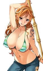 arm_tattoo bikini bikini_top blush bracelet breasts brown_eyes cleavage clothed collarbone curvy earrings female female_only front_view huge_breasts human jeans long_hair looking_at_viewer nami navel nipple_bulge one_piece orange_hair pants post-timeskip shoulder_tattoo simple_background solo staff striped_bikini takeda_hiromitsu tattoo toned tongue tongue_out very_long_hair white_background