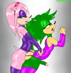 2014 2boys anal anal_penetration androgynous balls bimbo character_request crossdressing elbow_gloves eyeshadow femboy gay girly high_heels lipstick looking_at_viewer mainnm-e makeup male penis scourge_the_hedgehog sonic_(series) source_request thighhighs trap yaoi