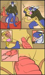 2018 60percentscalie animal_genitalia claws clothed clothing comic crossdressing dinosaur disguise docking erection genital_slit kobold lizard male open_mouth penis reptile ridged_penis scalie slit smile yaoi yellow_eyes