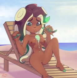 areolae breasts dark-skinned_female dark_skin female female_only marina_(splatoon) nipples nude octoling pussy solo splatoon splatoon_2 throat_(artist)