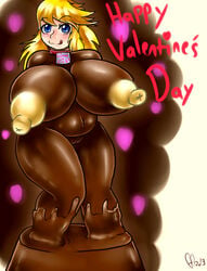 2013 bbw big_belly blonde_hair blue_eyes blush chocolate chocolate_girl collar digital_media_(artwork) erect_nipples female female_only food_girl heart huge_breasts large_breasts licking_lips monster_girl navel original plump pussy text the_kitty_named_terra transformation valentine's_day white_background