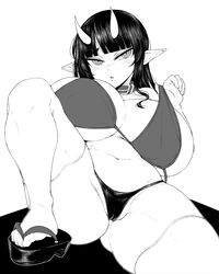 bra breasts collar ginku_mh horns huge_breasts japanese_clothes monochrome navel oni_horns platform_footwear plump pointy_ears sandals stockings thong zouri