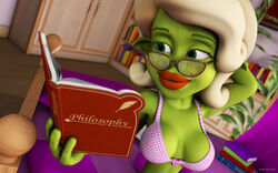 1girls 3d alien alien_girl alternate_version_available artist_name bare_shoulders barefoot beauty_mark bed big_breasts bikini bikini_top book busty curvy day detailed_background eyelashes female female_only front_view glasses green_eyes green_skin holding_object hourglass_figure humanoid indoors inside kondaspeter lipstick looking_down makeup marilyn_(planet_51) mole pillow planet_51 pose posing red_lipstick room shadow shiny shiny_skin solo swimsuit thick_lips tree voluptuous white_hair wide_hips