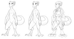 4_toes anthro armor black_and_white bodysuit claws clothed clothing female flat_chested front_view helmet horn kobold line_art machine monochrome nude off/on power_armor pussy reptile scalie science_fiction simple_background solo spacesuit standing tight_clothing toes w4g4 white_background