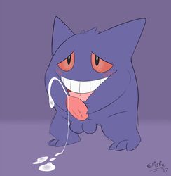 1boy 2017 3_toes big_mouth big_penis black_eyes blush cum cumshot ejaculation ellistia erection feet gengar ghost male male_only masturbation nintendo nude open_mouth orgasm penis pokémon_(species) pokemon pokemon_rgby purple_background purple_skin red_sclera simple_background smile solo standing teeth testicles text tongue trembling video_games watermark