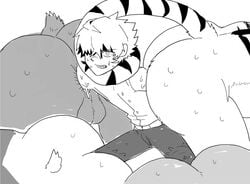 anthro ass backsack balls bear big_butt chisa_sa clothed clothing feline fisting foot_insertion footing human human_on_anthro interspecies male mammal short_tail sweat tiger what yaoi