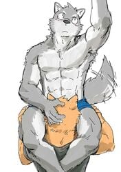 2boys abs anthro anthro_on_anthro biped blush brown_fur canine clothed clothed_sex clothing duo fellatio frown fur gay grey_fur hand_on_head hand_on_thigh kemono leg_wrap looking_away lying male male_only mammal motion_lines multicolored_fur muscular muscular_male on_front oral raised_arm royalsobatya sex shirt simple_background sitting tailwag topless two_tone_fur underwear white_background white_fur yaoi