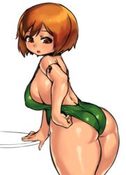 adjusting_swimsuit ass back bent_over borvar brown_eyes brown_hair curvy female female_only green_one-piece_swimsuit green_swimsuit key large_breasts nikki_(swapnote) nintendo one-piece_swimsuit short_brown_hair short_hair sideboob source_request swapnote swimsuit thick_thighs