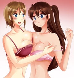 2girls agent_aika aika_sumeragi aika_zero blue_eyes blush bra breast_press breast_to_breast breasts brown_hair cleavage embarrassed eri_shinkai female female_only human human_only large_breasts light-skinned_female light_skin lingerie long_hair looking_at_viewer lusciousspiritstudio multiple_females multiple_girls off_shoulder open_mouth parted_lips red_hair short_hair shy smile strap_slip symmetrical_docking upper_body yuri