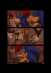 blue_fur breasts canine closed_eyes clothing coat comic conditional_dnp dialogue english_text fan_character fangs female finger_fuck fingering fingerless_gloves fur gloves green_eyes grey_fur hair half-closed_eyes heart hedgehog hybrid kayla-na kaylana_lobinski kissing licking male mammal one_eye_closed red_hair saliva saliva_string sonic_(series) sonic_the_hedgehog speech_bubble text tongue tongue_out vaginal_penetration wolf