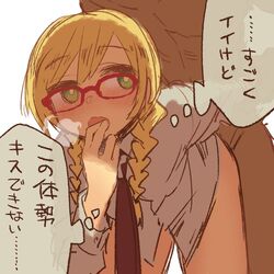 1boy blonde_hair blush bottomless braid breath doggy_style female glasses green_eyes necktie ootorii_bisetsu open_mouth original sex translation_request twin_braids