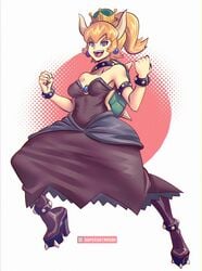 1girls 2018 5_fingers alternate_color alternate_species alternate_version_available armband black_dress black_legwear blonde_hair blue_eyes bowsette choker collar crown dress earrings female female_only fully_clothed genderswap grin hair heels hi_res high_heels horns humanized long_hair looking_at_viewer mario_(series) medium_breasts new_super_mario_bros._u_deluxe nintendo nipples open_mouth ponytail pumps punk shell smile solo solo_focus spiked_collar spikes spiky_shell super_crown supersatanson teeth thick_eyebrows upper_teeth video_games white_background