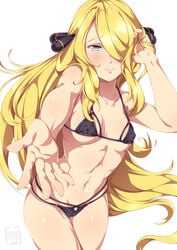 1girls abs adjusting_hair bare_shoulders belly bikini black_bikini blush breasts cameltoe cynthia_(pokemon) eyelashes female female_only gorudazo grey_eyes hair_ornament hair_over_one_eye highres human long_hair looking_at_viewer midriff navel pokemon pokemon_dppt reaching_out small_breasts smile solo standing text underboob watermark white_background