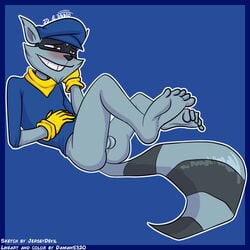 2018 anthro ass balls clothing copyright damian5320 feet foot_focus gloves half-closed_eyes half_naked hat jerseydevil male_only mammal procyonid raccoon sly_cooper sly_cooper_(series) smooth_fur striped_tail stripes video_games