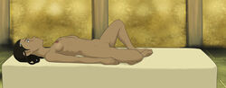 1girls anaxus avatar_the_last_airbender barefoot bed blue_eyes blush breasts dark-skinned_female dark_skin embarrassed feet female inuit katara long_hair looking_away looking_up naked nipples on_back on_counter on_table ponytail pussy ribs side_view small_breasts solo spa spread_legs table toes