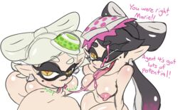 +_+ 1boy 2girls agent_4_(splatoon) black_hair blush breasts callie_(splatoon) collaborative_fellatio cum cum_in_mouth cum_on_face cum_on_tongue cum_string domino_mask earrings english_text erection eyebrows_visible_through_hair facial fangs fellatio grey_hair half-closed_eyes happy highres inkling inkling_boy inkling_cum inkling_girl jewelry little_penis long_hair looking_at_viewer marie_(splatoon) mask medium_breasts mole mole_under_eye multicolored multicolored_eyes multicolored_hair multiple_girls navel nipples nude object_on_head one_eye_closed open_mouth oral orange_eyes penis pointy_ears purple_hair shiny shiny_hair shiny_skin short_hair simple_background skitterleaf small_penis small_penis_adoration smile splatoon squid_sisters straight talking teamwork teeth tentacle tentacle_hair testicles text text_focus tied_hair tongue tongue_out uncensored white_background wink yellow_eyes