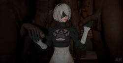 1girls 3d anonymous-kreep blindfold dark-skinned_male dark_skin double_handjob gangbang group group_sex hairband handjob interracial multiple_males multiple_penises nier:_automata penis short_hair silver_hair white_hair yorha_2b