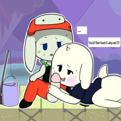 anthro blush bottomless cave_story clothed clothing fur hand_on_penis hat kanpachi lagomorph male male/male mammal mimiga mykendyke penis questionable_consent quote_(cave_story) shirt sweat video_games white_fur