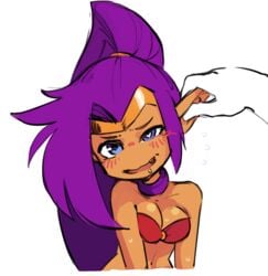 aroused blue_eyes blush borvar breasts cleavage dark_skin drooling ear_rub eargasm female female_focus female_only heart-shaped_pupils medium_breasts ponytail purple_hair shantae shantae_(character) smooth_skin sweat torogao uncommon_stimulation unseen_male_face wayforward