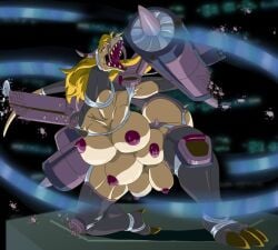 6_breasts 6_nipples areolae bandai_namco blonde_hair breast_expansion breasts breasts_out closed_eyes clothing_transformation corruption cyborg digimon digimon_(species) digimon_frontier dragon dragon_tail fangs horns horns_through_headwear hresmon izumi_orimoto large_breasts long_hair mankor metal_armor metal_wings metallic_body multi_breast nipples purple_areolae purple_nipples tail transformation transformation_sequence zoe_orimoto