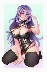 1girls alternate_hairstyle black_panties breasts camilla_(fire_emblem) cleavage female female_only fire_emblem fire_emblem_fates jackary_draws kneeling large_breasts nintendo panties purple_eyes purple_hair smile solo underwear very_long_hair