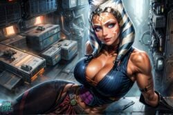 1girls ahsoka_tano ai_generated alien alien_girl big_breasts cleavage female female_only jadegretz orange_skin solo star_wars tattoos thick_thighs togruta