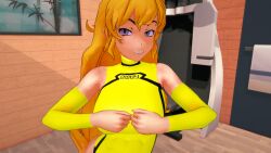 1girls blonde_female blonde_hair clothed_female gym gym_clothes indrick_[artist] long_hair long_hair_female purple_eyes rwby smiling yang_xiao_long