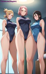 3girls ai_generated arms_behind_back bare_legs bare_shoulders bare_thighs big_breasts blonde_hair blush boruto:_naruto_next_generations breasts brown_hair cameltoe child_bearing_hips curvaceous curvy curvy_body curvy_female curvy_figure ear_blush female female_only green_eyes hourglass_figure hyuuga_hanabi indoors leotard long_legs looking_at_viewer mature mature_female milf multiple_girls nai_diffusion naruto naruto_(series) naughty naughty_face naughty_smile nose_blush patreon_username pink_hair ponytail presenting presenting_self quad_tails revealing_clothes sakura_haruno skimpy skimpy_clothes smile stable_diffusion take_your_pick teal_eyes temari temptart tight_clothes tight_clothing twintails url violet_eyes watermark web_address wide_hips