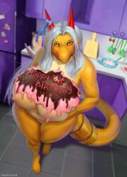 1girls aisyah_zaskia_harnny anthro big_breasts breasts cake dragon female food food_between_breasts food_play grey_hair hair holding_breast horn huge_breasts icing long_hair looking_at_viewer mature_female navel nipples pussy scalie slightly_chubby solo thick_thighs tongue tongue_out totesfleisch8 voluptuous yellow_eyes