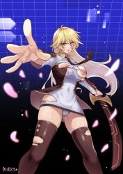 blonde_hair blush bodysuit breasts brown_necktie collared_dress cosplay dress female female_only green_eyes highres holding holding_sword holding_weapon large_breasts long_hair long_sleeves looking_at_viewer mibry_(phrysm) necktie nipple_slip nipples no_bra open_mouth revealing_clothes sherry_leblanc sky_striker_ace_-_raye sky_striker_ace_-_raye_(cosplay) sky_striker_ace_raye solo sword thighhighs torn_bodysuit torn_clothes two-tone_dress weapon yu-gi-oh! yu-gi-oh!_5d's