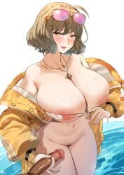 1boy 1girls anis_(nikke) anis_(sparkling_summer)_(nikke) bikini breasts brown_eyes brown_hair club3 eyepatch_bikini female goddess_of_victory:_nikke handjob hips huge_breasts light-skinned_female light_skin male nanaya_(daaijianglin) naughty_face penis short_hair smile thick_thighs thighs uncensored wide_hips