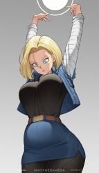 1girls android android_18 arms_up blonde_hair bouncing_breasts breasts charging denim denim_bottomwear denim_clothing dragon_ball dragon_ball_z huge_breasts mikeymegamega plump