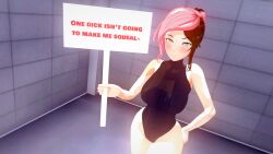 1girls heterochromia holding_sign multicolored_hair nakadashi_(artist) neo_(rwby) rwby swimsuit wanting_more