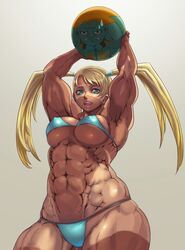 abs aqua_eyes arms_up bikini blanka blonde_hair breasts capcom extreme_muscles female looking_at_viewer muscle muscles muscular_female navel rainbow_mika sethxzoe solo street_fighter street_fighter_alpha street_fighter_alpha_3 swimsuit tan tanline thong twintails