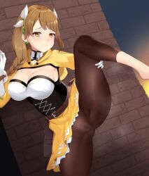 1girls armpits bangs barefoot braid braided_ponytail breasts brick_wall brown_hair cleavage engg female female_only fire_emblem fire_emblem_engage frown gloves goldmary_(fire_emblem) hair_over_shoulder large_breasts leg_grab leg_up legs long_hair long_sleeves looking_at_viewer nintendo outdoors pantyhose partially_visible_vulva side_ponytail skirt solo spread_legs standing standing_on_one_leg steaming_body thighs wall yellow_eyes