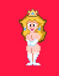 1girl 1girls blonde_hair completely_nude_female crown female full_body long_hair mario_(series) muymal nintendo nude_female pixel_art princess_peach red_background simple_background super_mario_world white_gloves