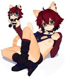 1girls aeiou_(yoako) black_hair blue_eyes collar earrings fur glasses looking_at_viewer partially_clothed plushie presenting red_hair shirt_lift short_hair sitting small_breasts solo tail yoako