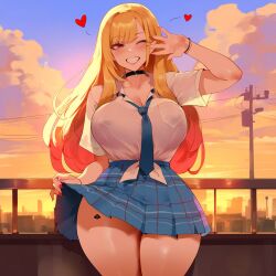 1girls ai_generated bangs blonde_hair blue_neckwear blue_skirt blush breasts choker cleavage cloud curvy depressu eyebrows_visible_through_hair grin kitagawa_marin large_breasts long_hair looking_at_viewer necktie one_eye_closed orange_sky outdoors plaid pleated_skirt qos queen_of_spades railing red_eyes school_uniform shirt skirt sky smile sono_bisque_doll_wa_koi_wo_suru stable_diffusion sunset tattoo thick_thighs thighs