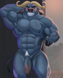 2024 abs anthro areola balls barazoku biceps big_muscles big_penis blush body_hair bovid bovine cape_buffalo chief_bogo classicmuzzle_(artist) deltoids disney door fingers flaccid foreskin frown genitals hand_behind_head happy_trail hi_res hooved_fingers hooves horn huge_cock huge_muscles inside looking_away male male_only mammal muscular muscular_anthro muscular_male navel nipples notched_ear nude obliques pecs penis pubes serratus solo standing thick_penis thick_thighs vein zootopia