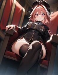 ai_generated astolfo_(fate) crossing_legs femboy from_below general looking_at_viewer looking_down military military_uniform naughty_face nazi sitting sitting_on_chair skindentation tetillas tetillas_(artist) trap